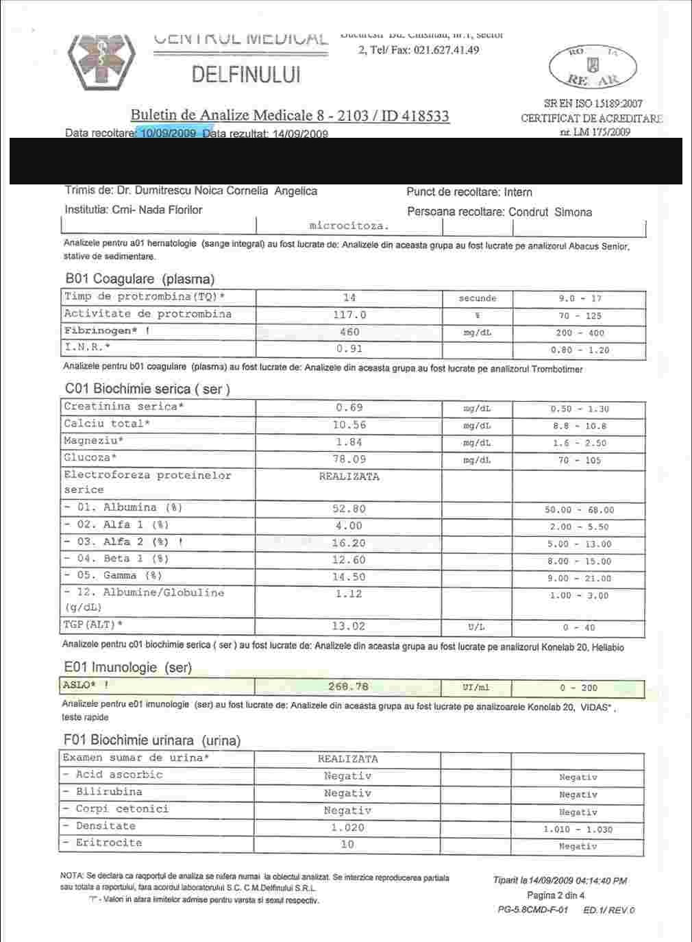 Buletin de analize — ASLO, după tratament