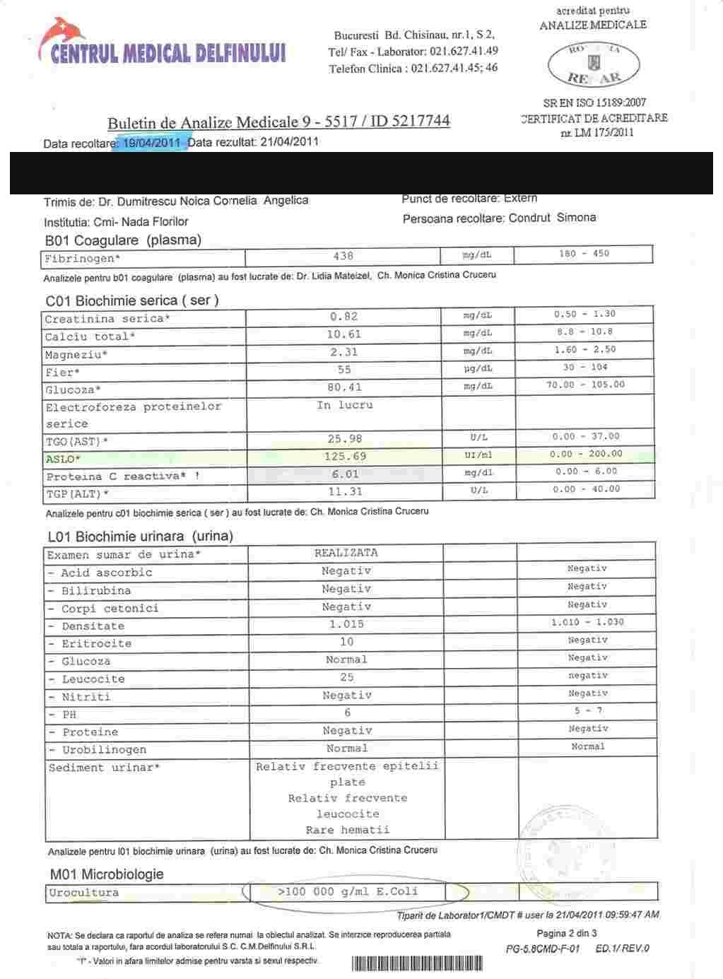 Buletin de analize — valoare ASLO, rezultat de laborator