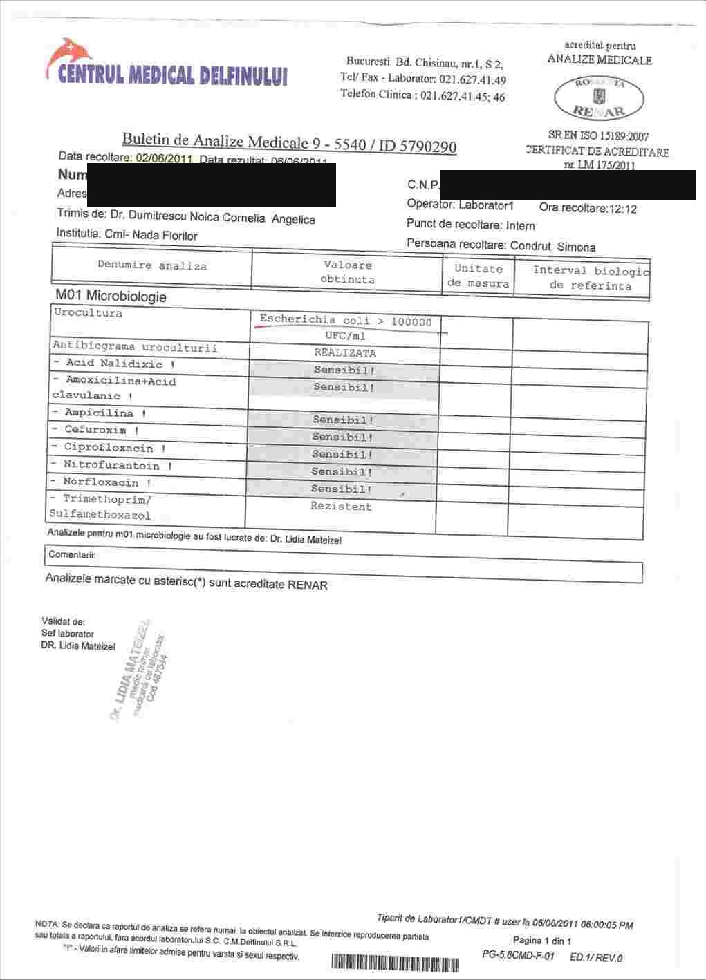 Urocultură — infecție urinară cu Escherichia Coli, înainte de tratament
