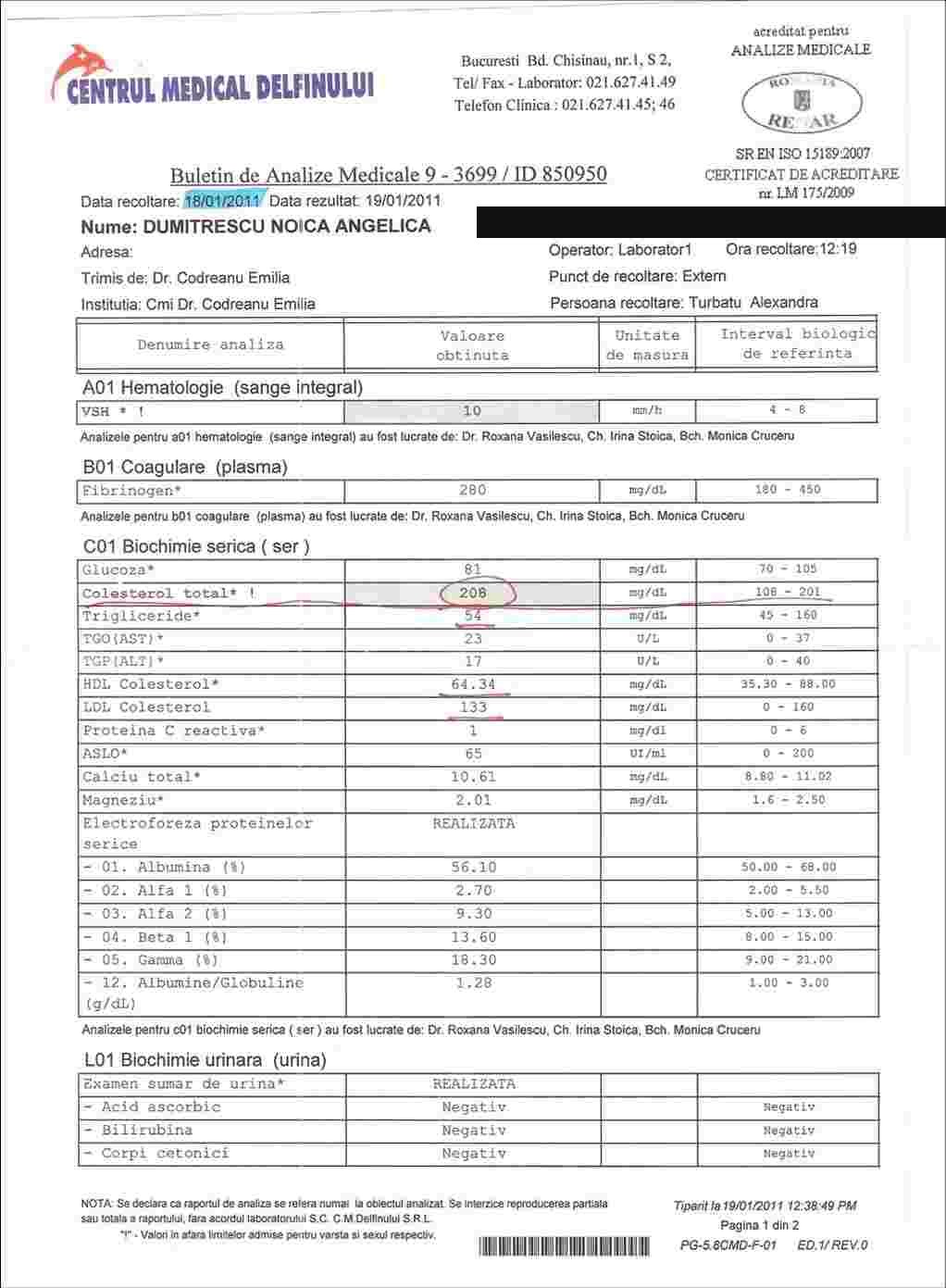 Valori ale colesterolului, înainte de tratament